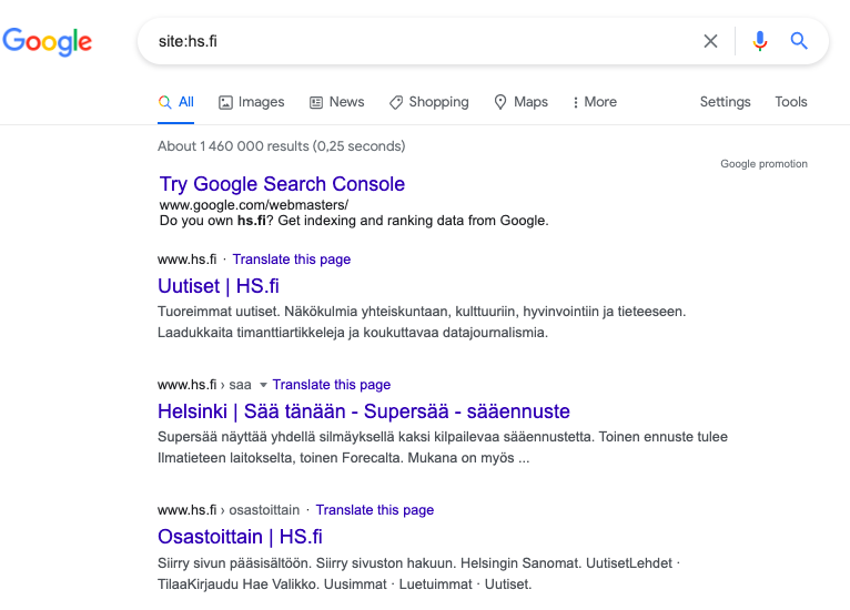 HS.fi sivuston sivuja Googlen indeksissä